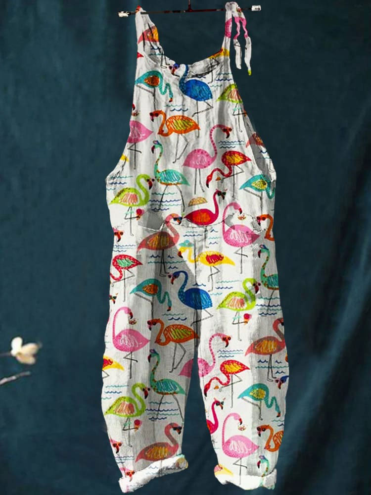 Flamingo Art Print Casual Wide-Leg Jumpsuit