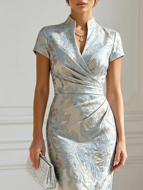 Light Blue Jacquard Classic V-Neck Short-Sleeve Mermaid Floor-length Gown
