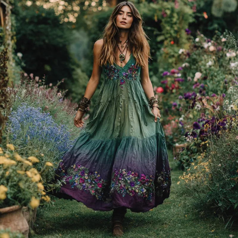 Vintage Purple Flowers Embroidered Gradient Maxi Dress