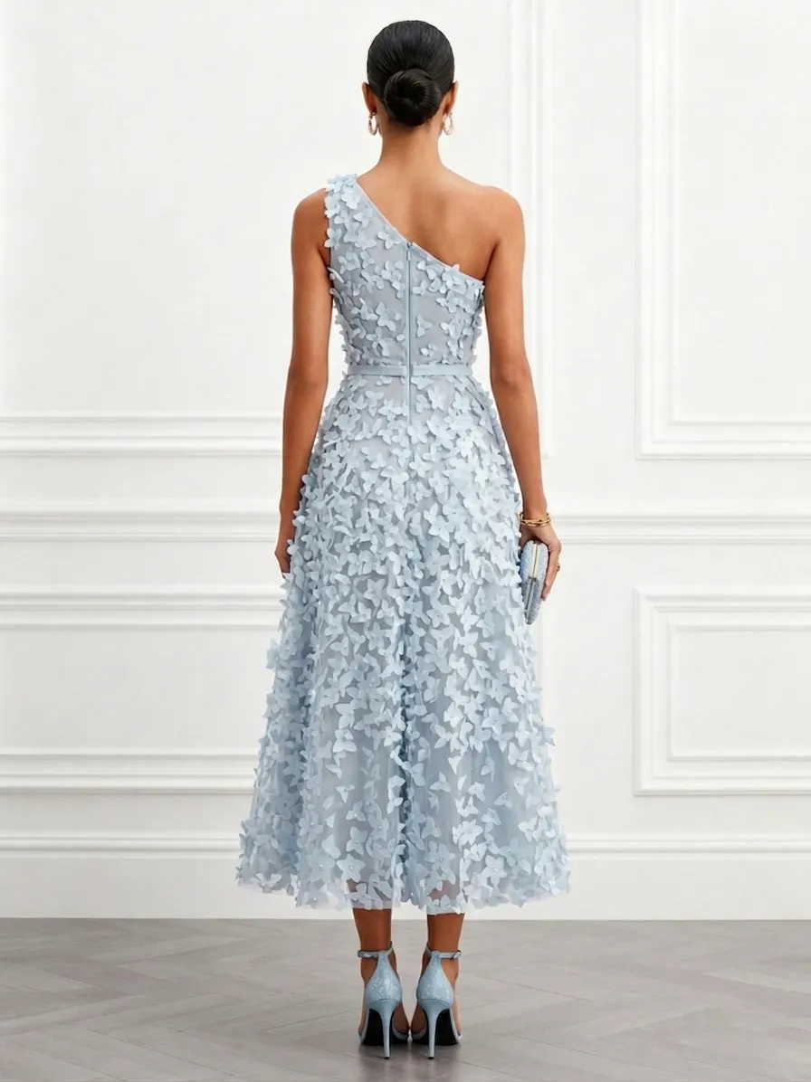 Light Blue 3D Floral Classic One-Shoulder Sleeveless A-Line Midi Dress