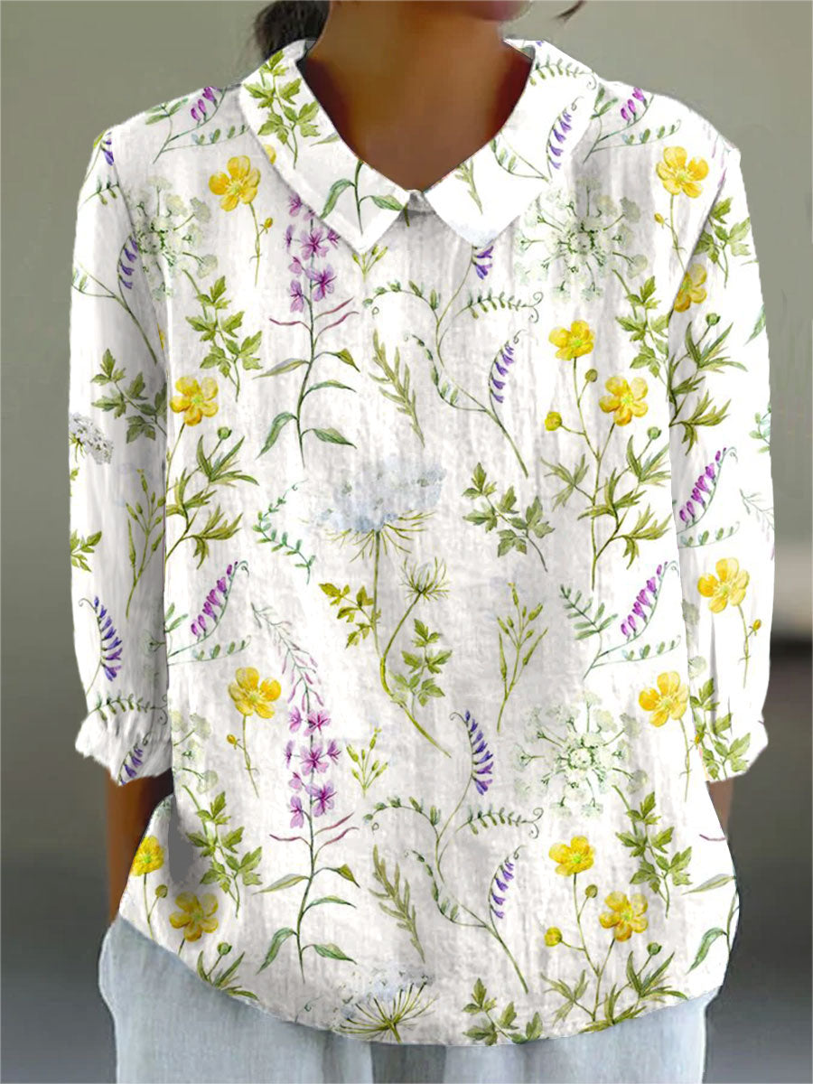 Vintage Flowers Art Print Casual Cotton & Linen 3/4 Sleeve Shirt