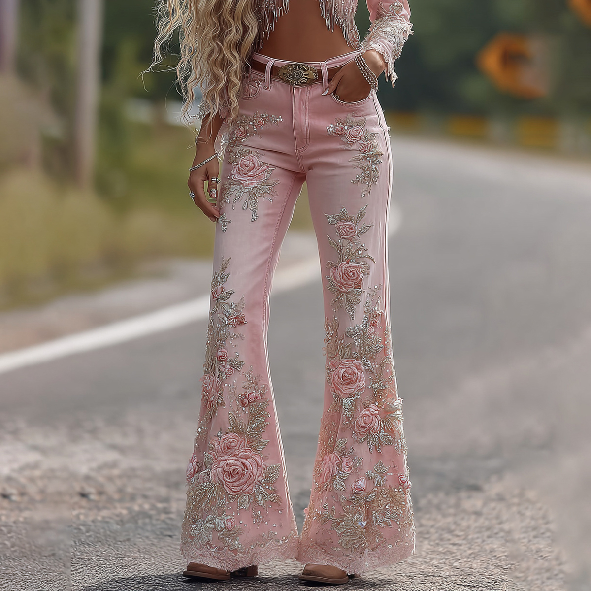 Vintage Rose Floral Embroidery Art Loose Pants