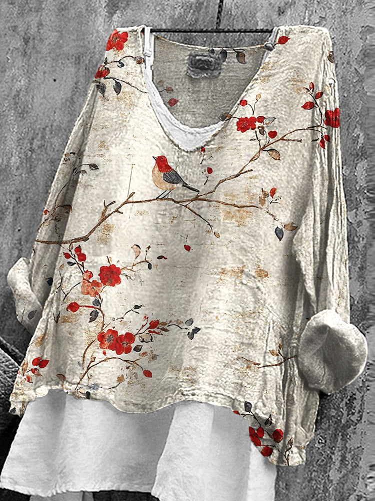 Vintage Floral Art Print V-neck Loose T-shirt