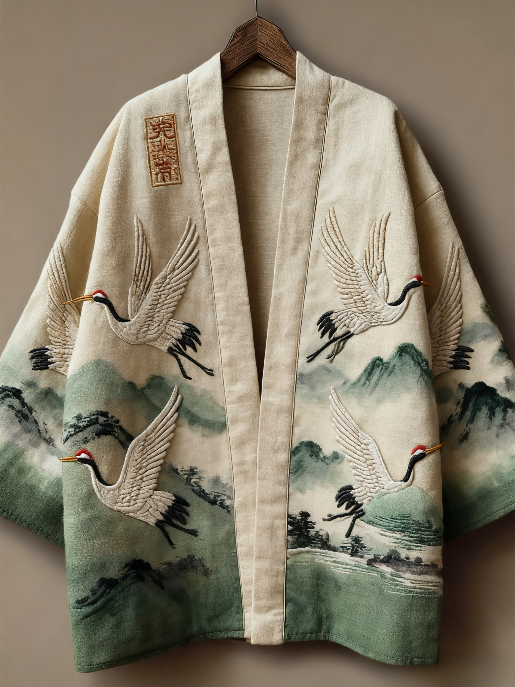 Oriental art landscape painting three-dimensional embroidery linen kimono cardigan