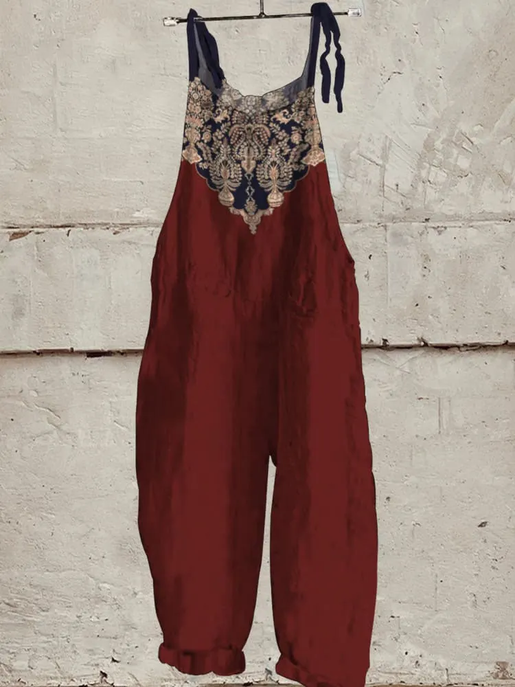 Vintage Flower Vase Pattern Casual Wide-Leg Jumpsuit
