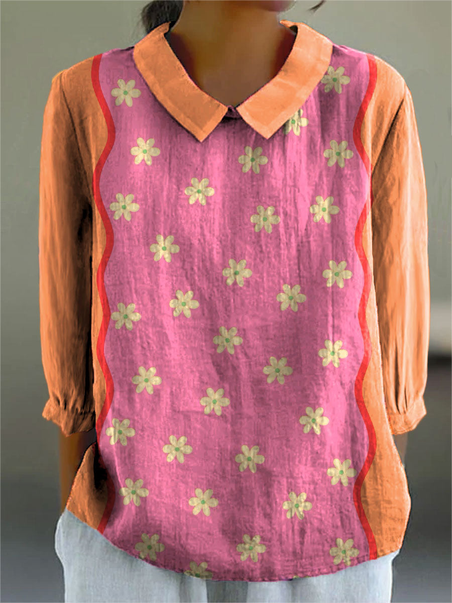 Simple Flower Art Print Casual Cotton & Linen 3/4 Sleeve Shirt