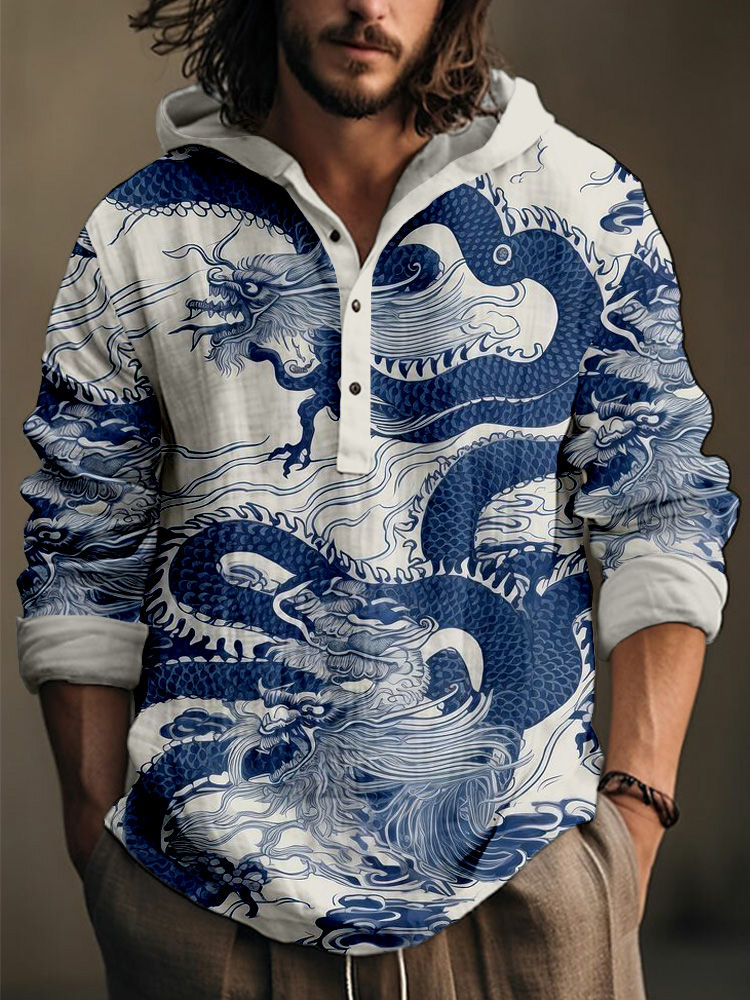 Men's Vintage Traditional Dragon Art Linen Hooded Shirt