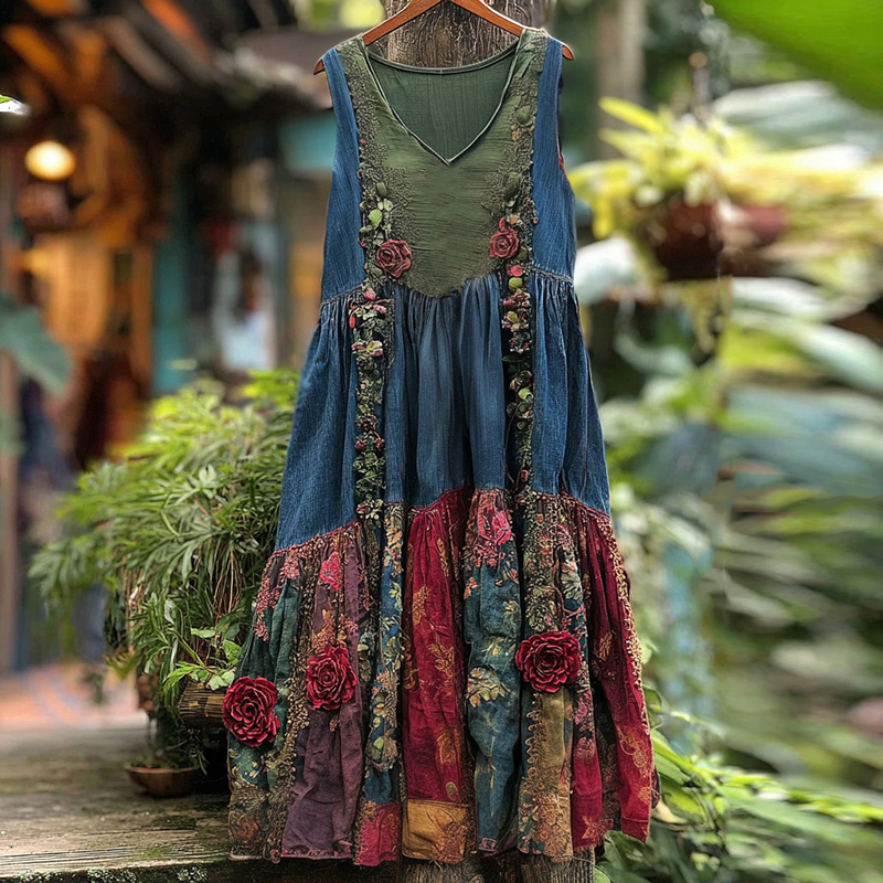 Women's Vintage Rose Floral Print Patchwork Denim Dress