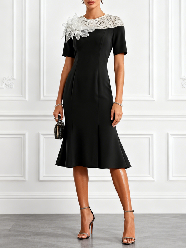 Black 3D Floral Lace Classic Crew Neck Short-Sleeve Mermaid Midi Dress