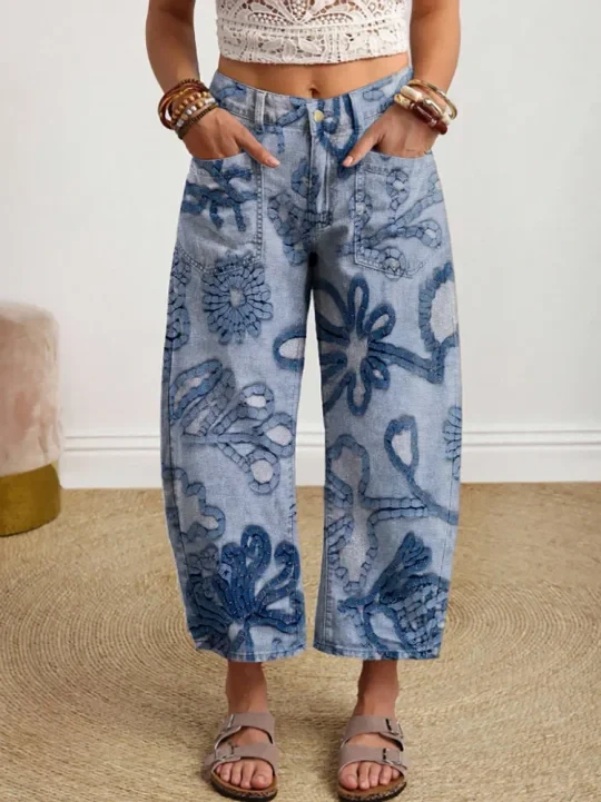 Vintage-style Textured Floral Art Print Casual Cotton Trousers With Pockets