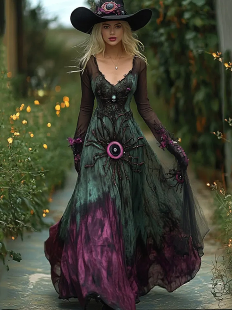 Women's Boho Witch Gradient Scary Spider Eyes Witch Maxi Evening Dress