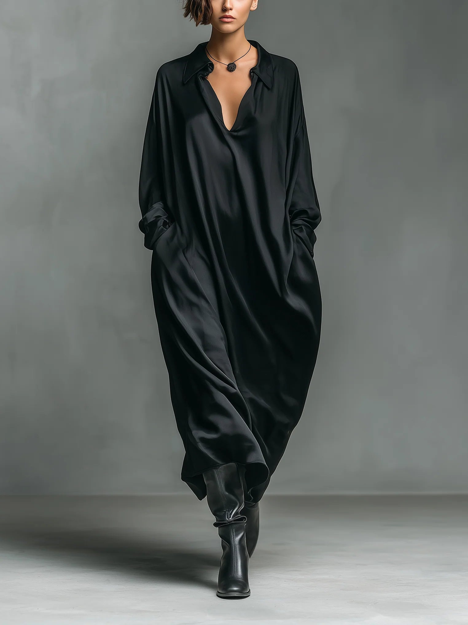 Casual Black Glossy Satin Long-sleeved Loose-fitting Maxi Dress