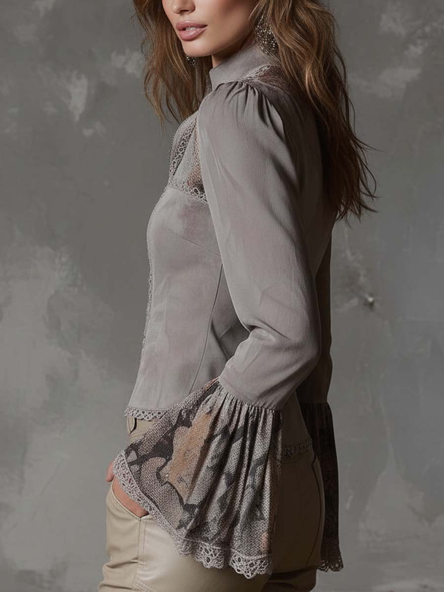 Vintage Patchwork Eco-Suede Blouse With Lace & Floral Prints