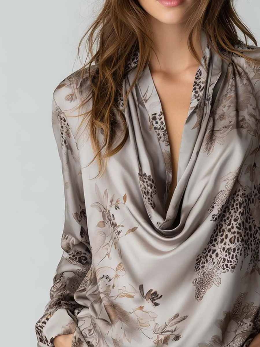 Vintage Leopard Print Floral Cowl Neck Polyester Satin Blouse
