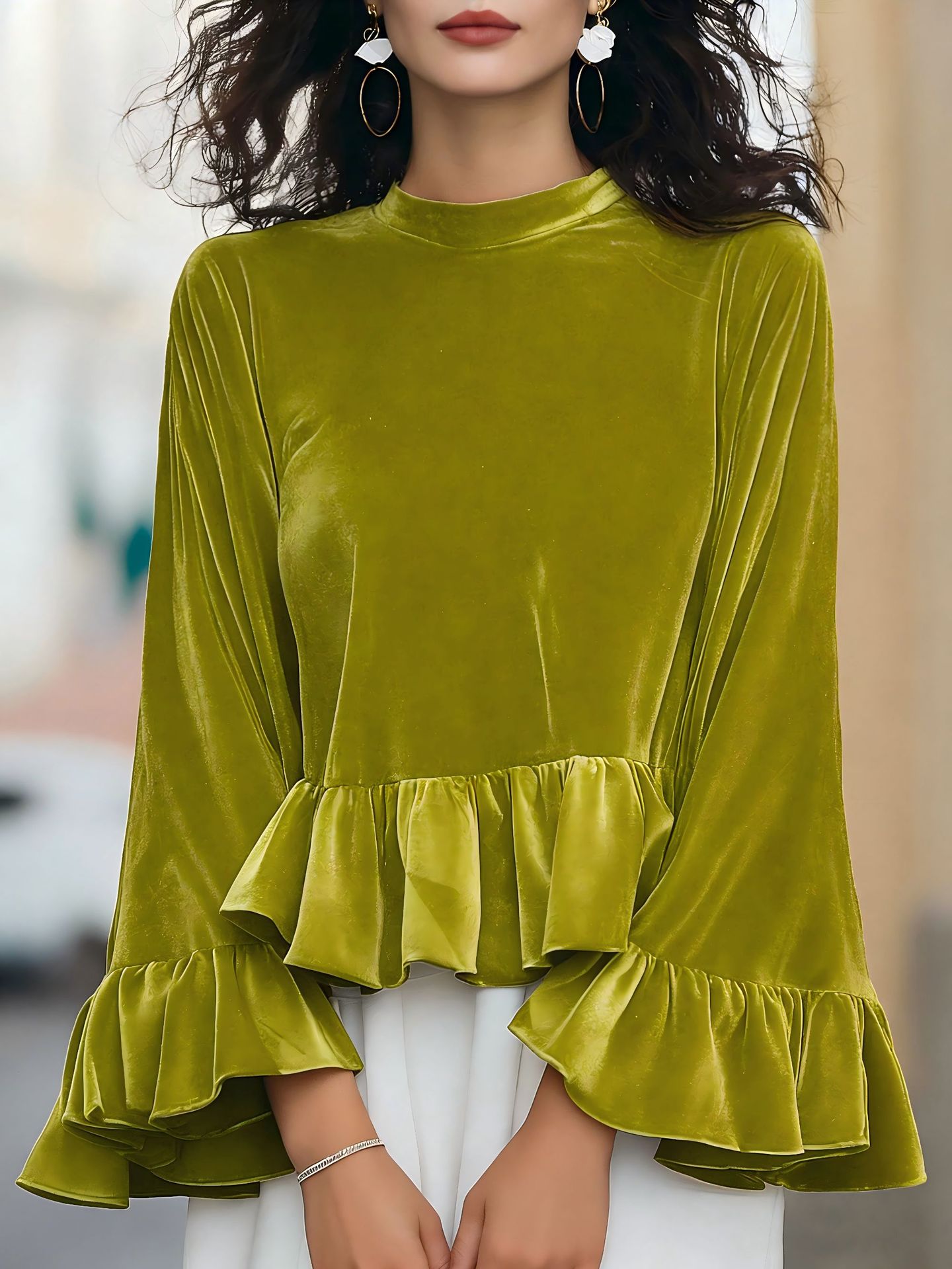 Round Neck Velvet Ruffle-Trim Blouse