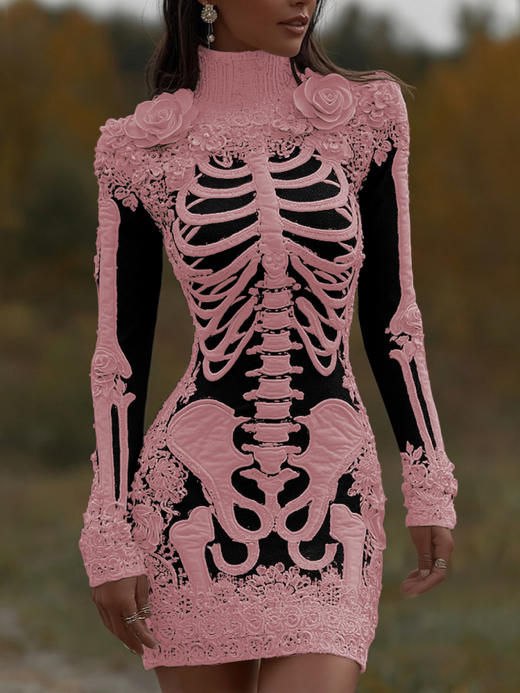Women's Halloween Skeleton Bones With Rose Art Cozy Knit Turtleneck Mini Sweater Dress
