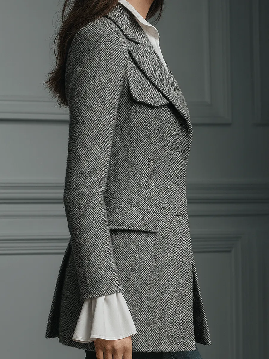 Classic Grey Houndstooth Wool Long Coat
