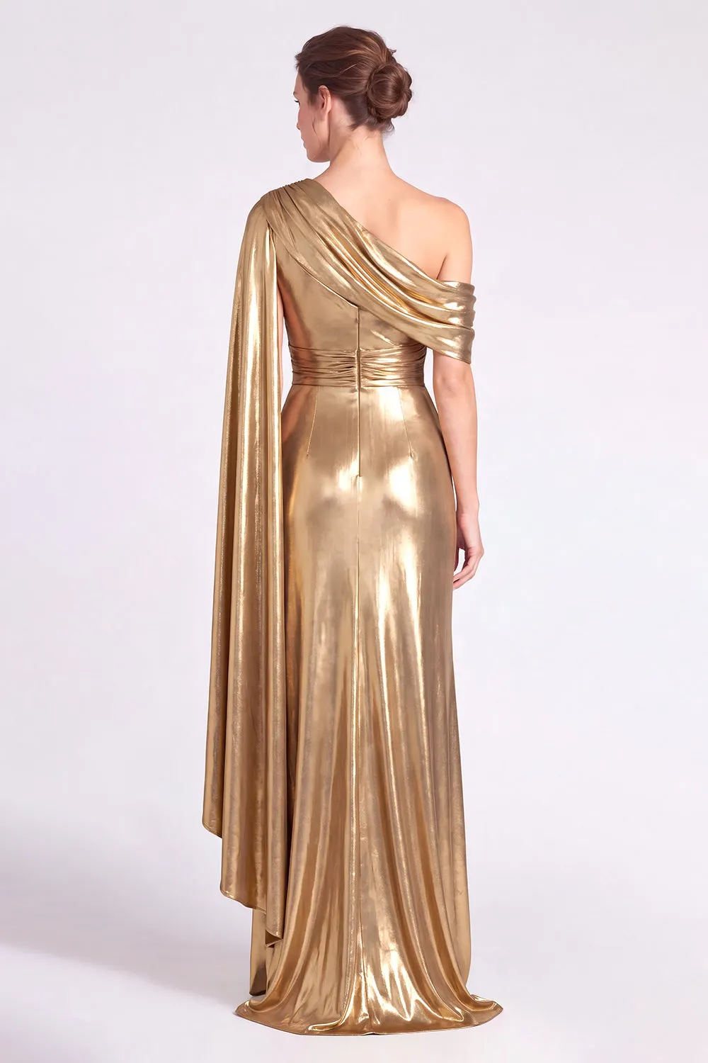 Metallic Gold One-Shoulder Cape Sleeve Ruched Gown