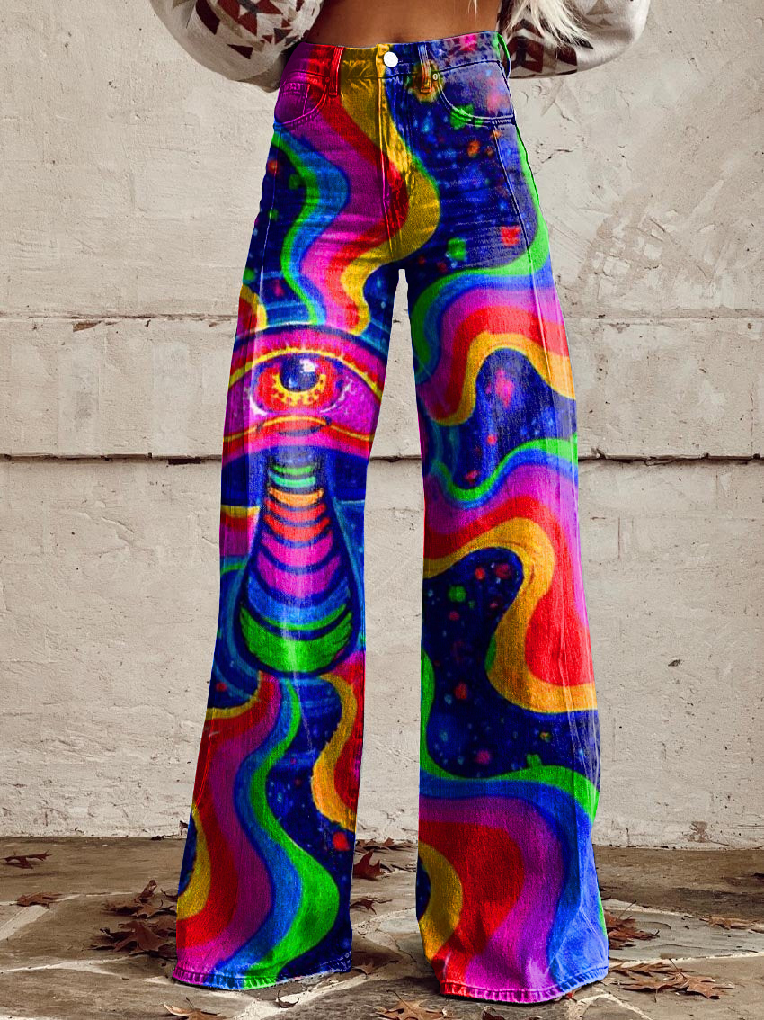 Retro Psychedelic Hippie Print Casual Wide-Leg Pants