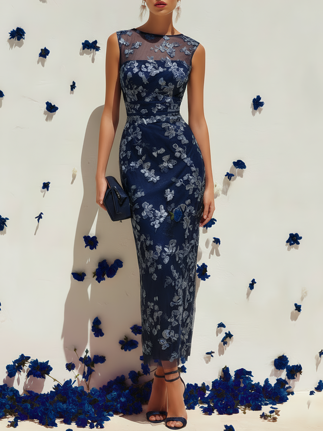 Pink Lace Crew Neck Sleeveless Sheath Maxi Dress