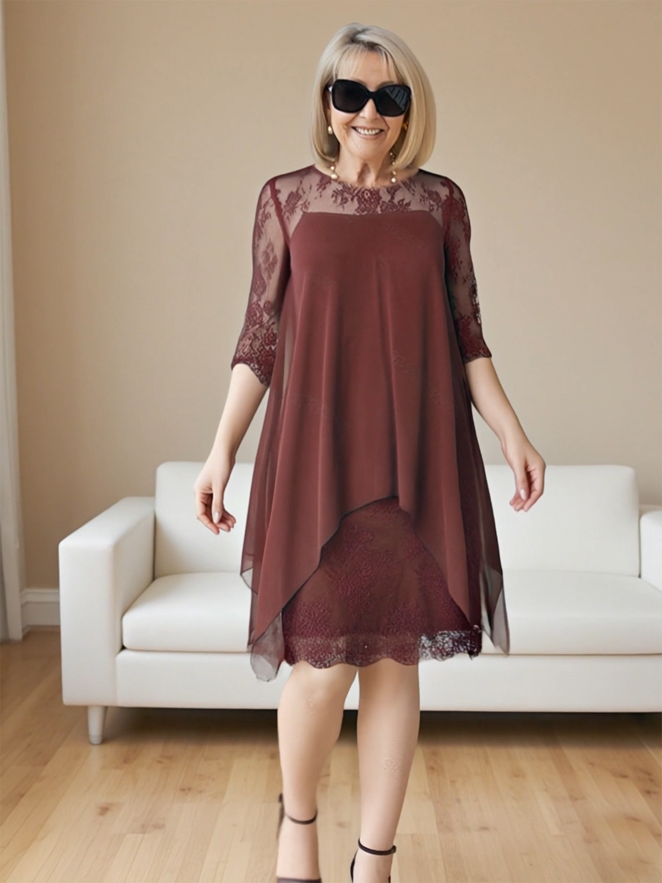 Brown Lace-Trim Layered Midi Dress