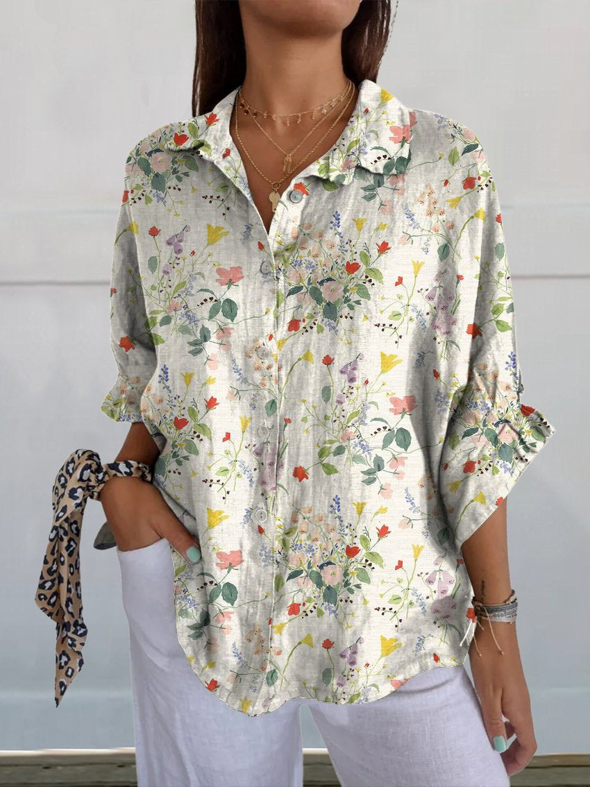 Colorful Flower Bouquet Floral Print Casual Linen V-neck Shirt
