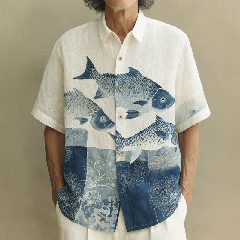 Men's Japanese-style Art Fish Print Color-blocked Short-sleeved Shirt