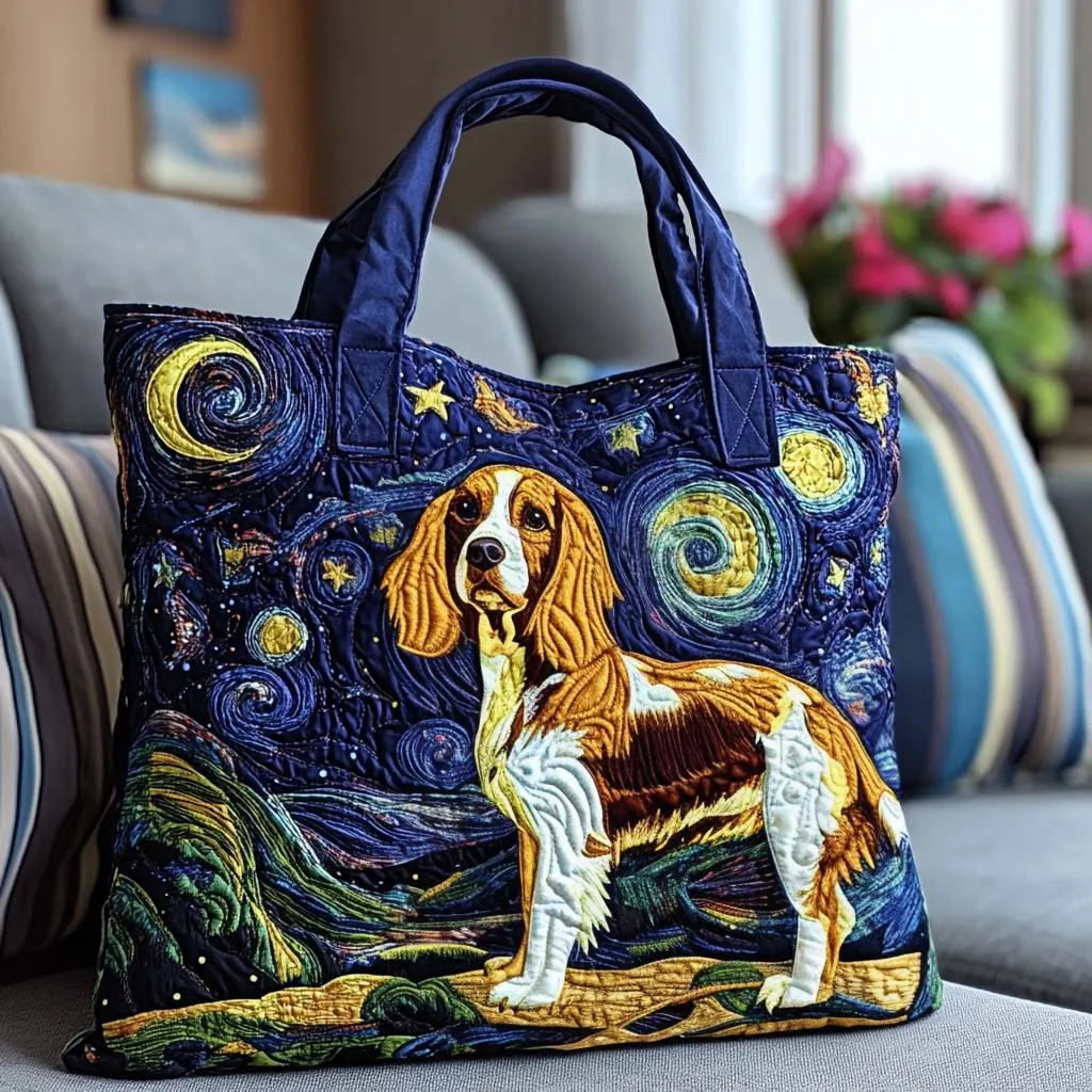 Starry Night Dog Quilted Tote Bag
