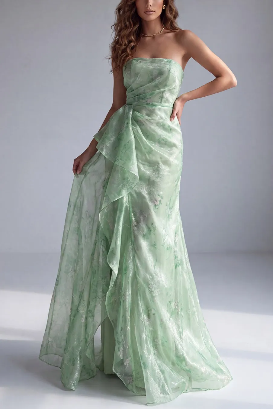 Light Green Strapless Floral Floor Length Gown