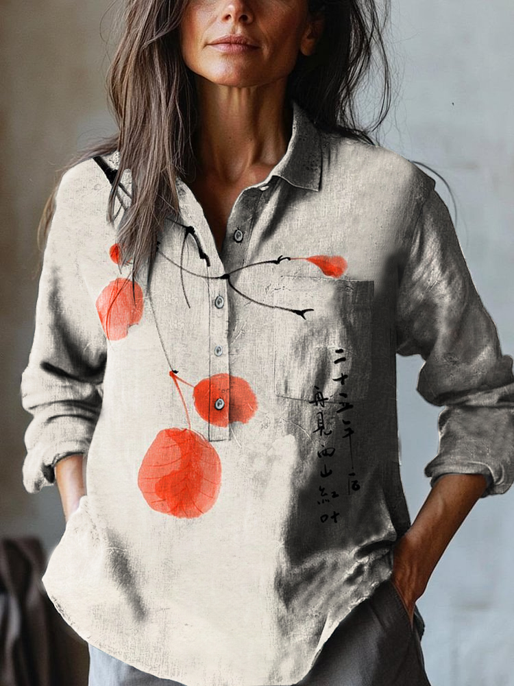 Japanese Art Print Casual Cotton & Linen Shirt