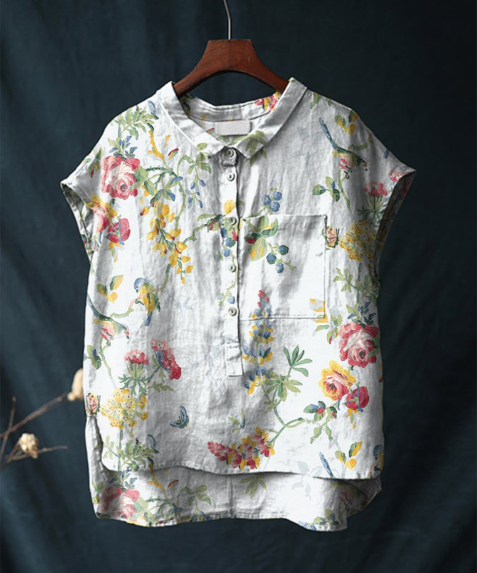 Vintage Floral Print Short-sleeved Cotton & Linen Shirt