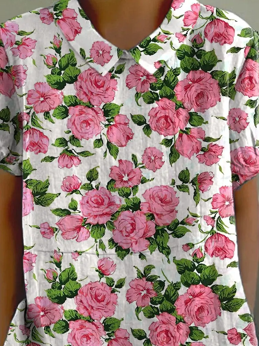 Pink French Rose Pattern Printed Women's Casual Cotton & Linen Shirt
