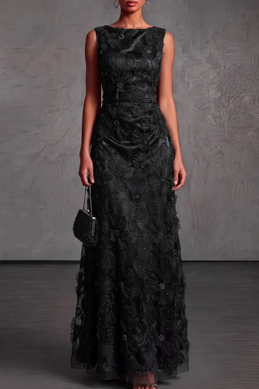 Black Boat Neck A-Line Lace Evening Dress