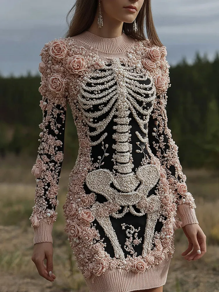 Women's Halloween Skeleton Bones With Rose Art Cozy Knit Mini Sweater Dress