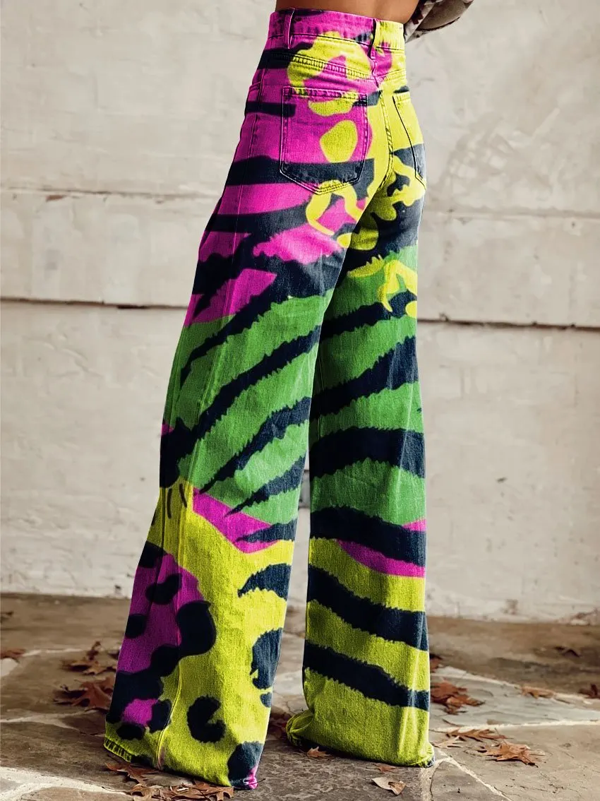 Vintage Print Casual Wide-Leg Pants