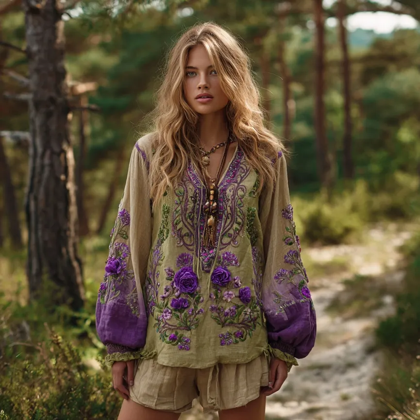 Vintage Purple Floral Embroidery V Neck Long Sleeve Shirt