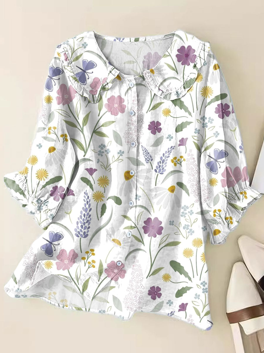 Fresh Floral Art Print Loose Top Peter Pan Collar Half Sleeve Blouses