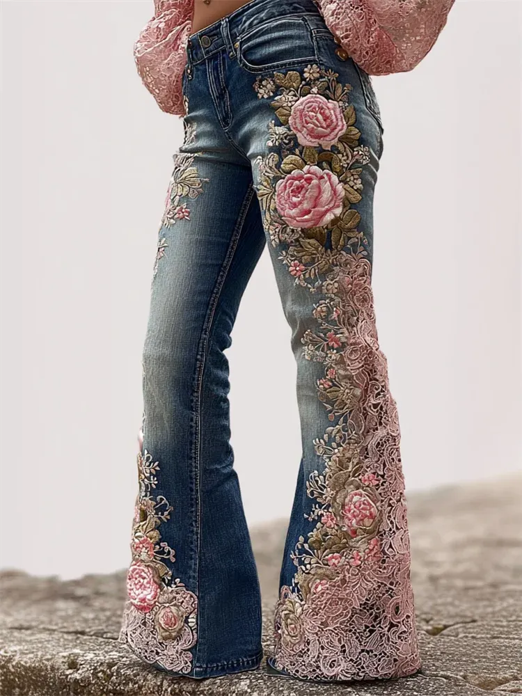 Retro Floral Art Print Casual Washed Cotton Pants