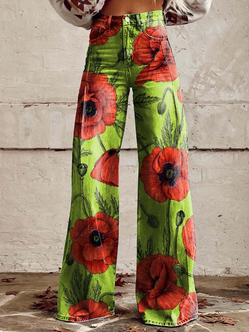 Retro Poppy Print Casual Wide-Leg Pants