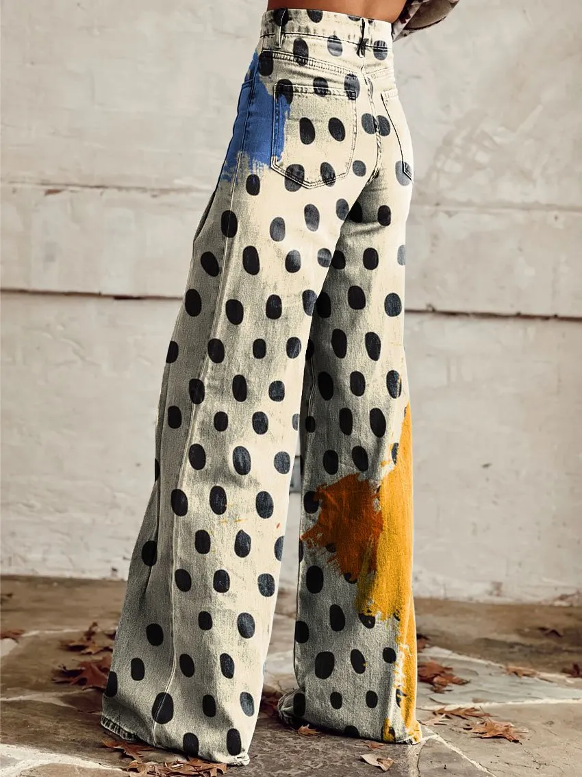 Vintage Print Casual Wide-Leg Pants