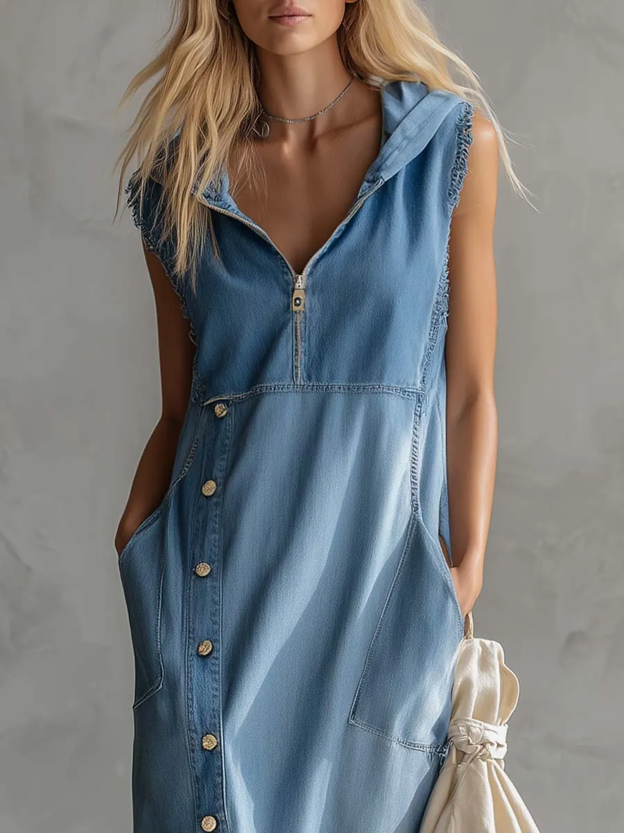 Exquisite Vintage Casual Hooded V-neck Zipper Side Slits Buttons Blue Denim Midi Dress