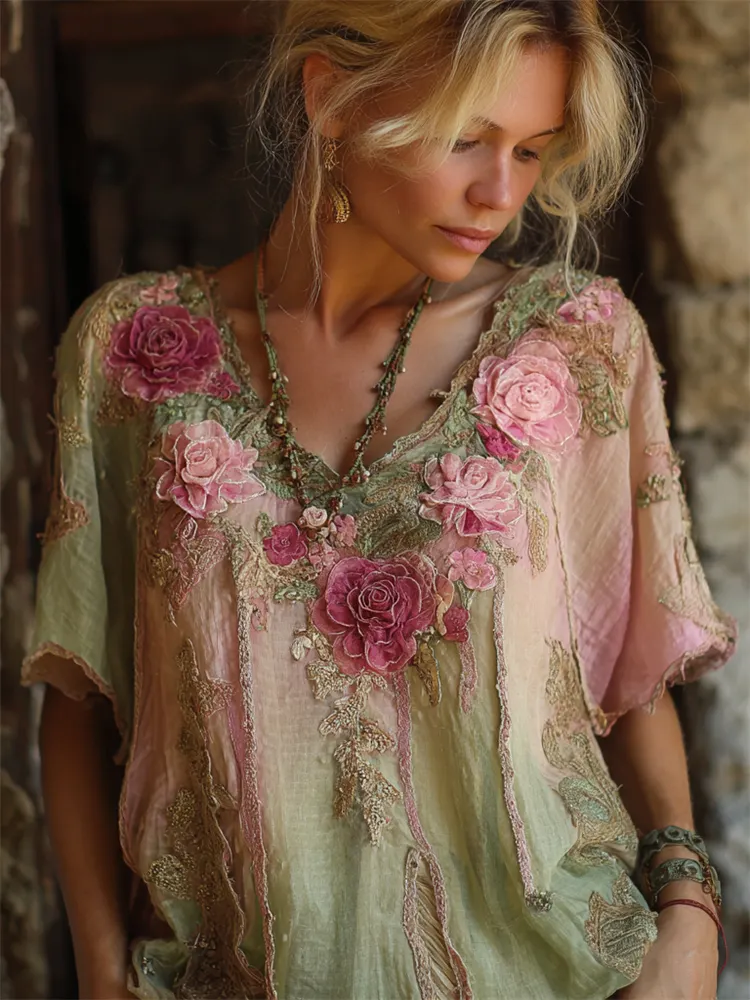 Boho Pink Roses 3d Embroidered Glitter Gradient Linen Shirt