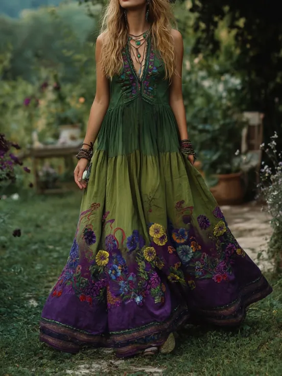 Vintage Purple Flowers Embroidered Gradient Maxi Dress