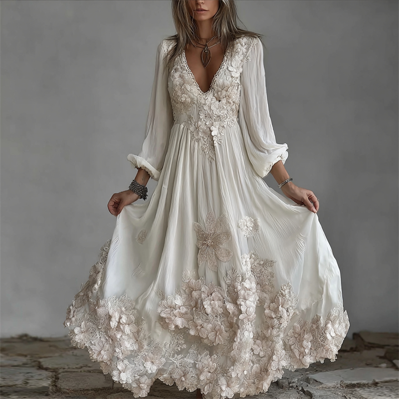 Boho Floral Glitter Lace Fiber Art Maxi Dress