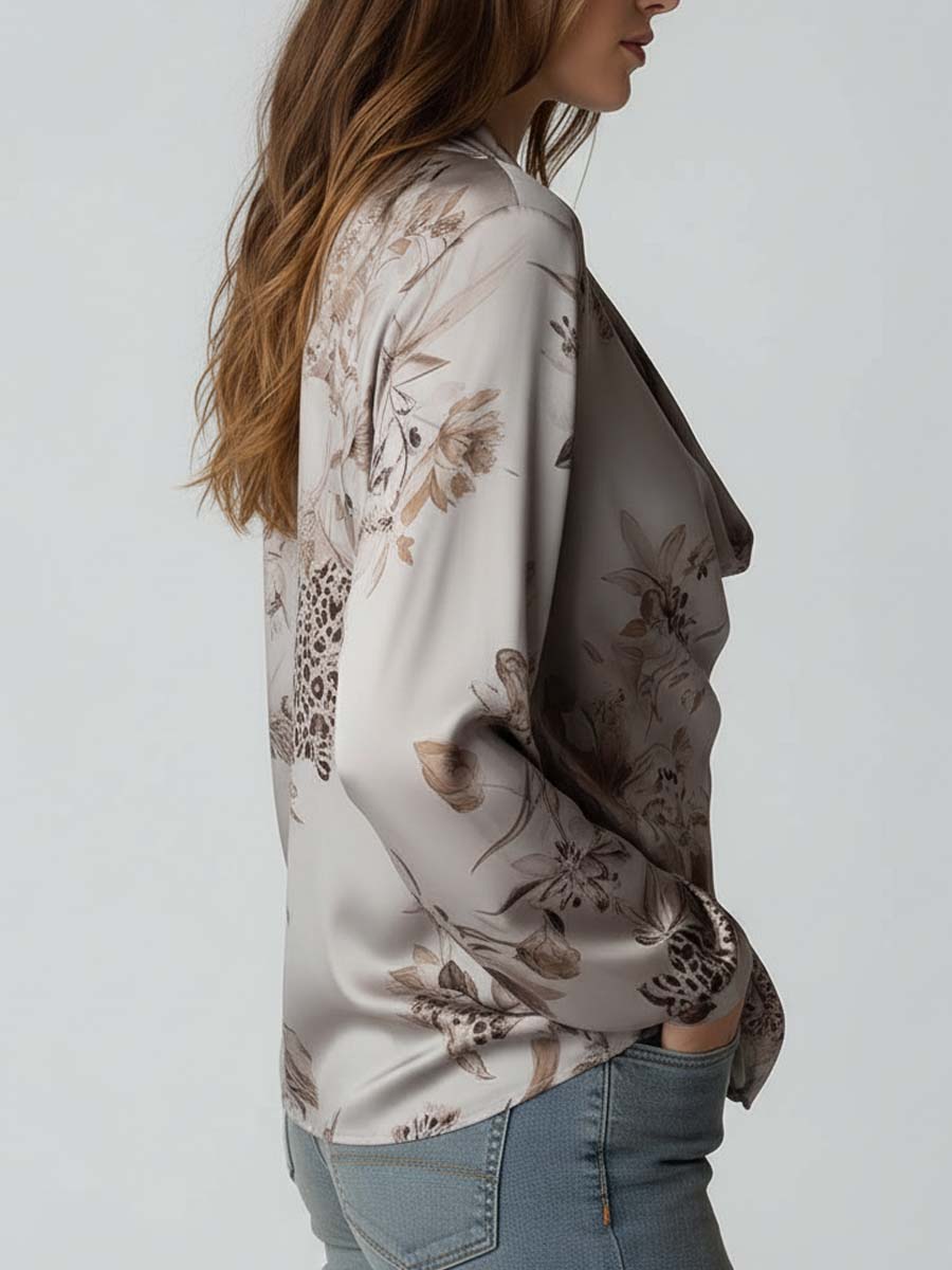 Vintage Leopard Print Floral Cowl Neck Polyester Satin Blouse