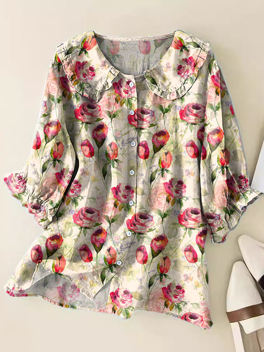 Vintage Floral Art Print Casual Peter Pan Collar Cotton Shirt
