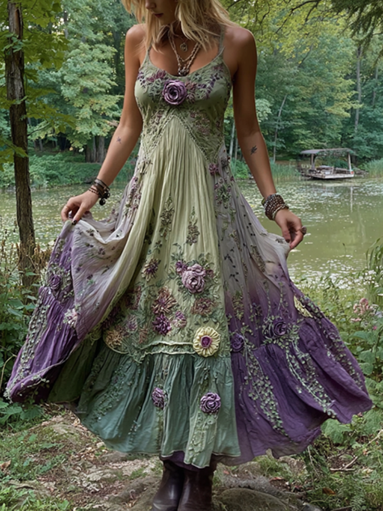 Vintage Classy Gradient Purple Lavender And Floral Embroidered Suspender Long Dress