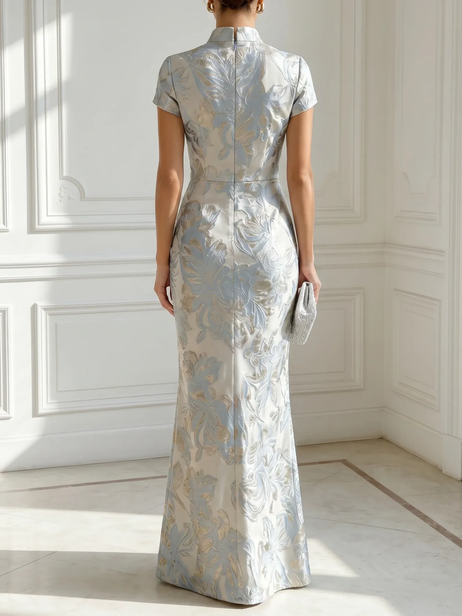 Light Blue Jacquard Classic V-Neck Short-Sleeve Mermaid Floor-length Gown