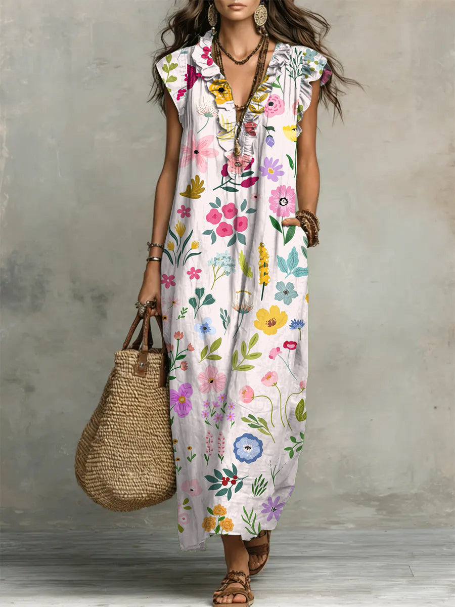 Floral Print V-Neck Ruffle-Trim Maxi Dress
