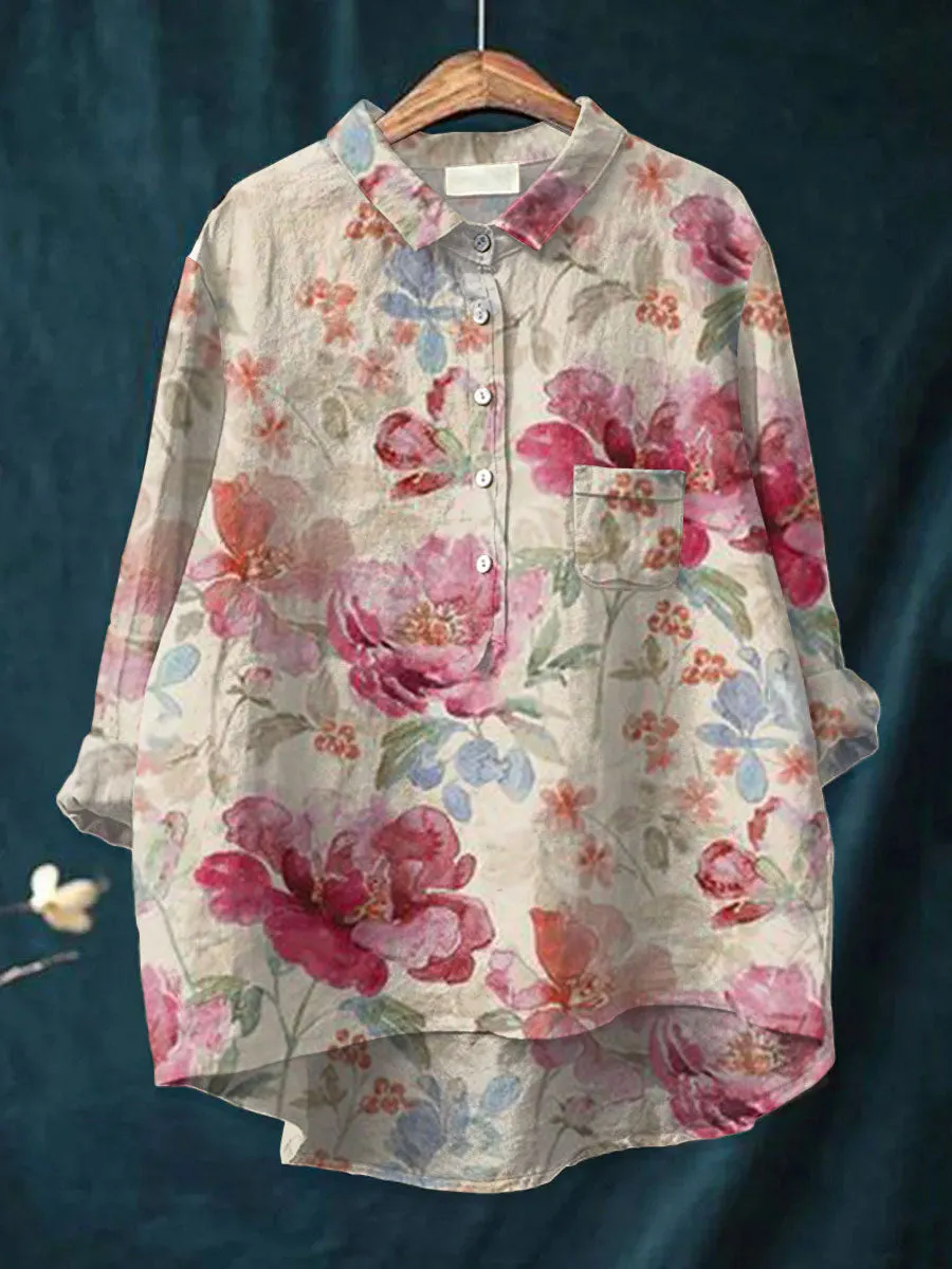 Vintage Flower Art Print Casual Cotton & Linen Shirt